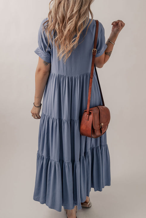 Casual Daydreamer Henley Neck Tiered Ruffle Flowy Long Maxi Dress